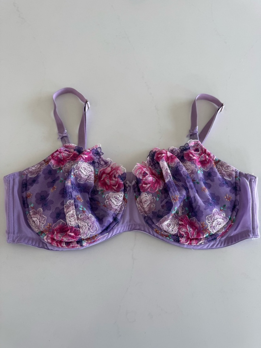 Victoria's Secret Purple Floral Lace Underwire Bra with Pink Accents